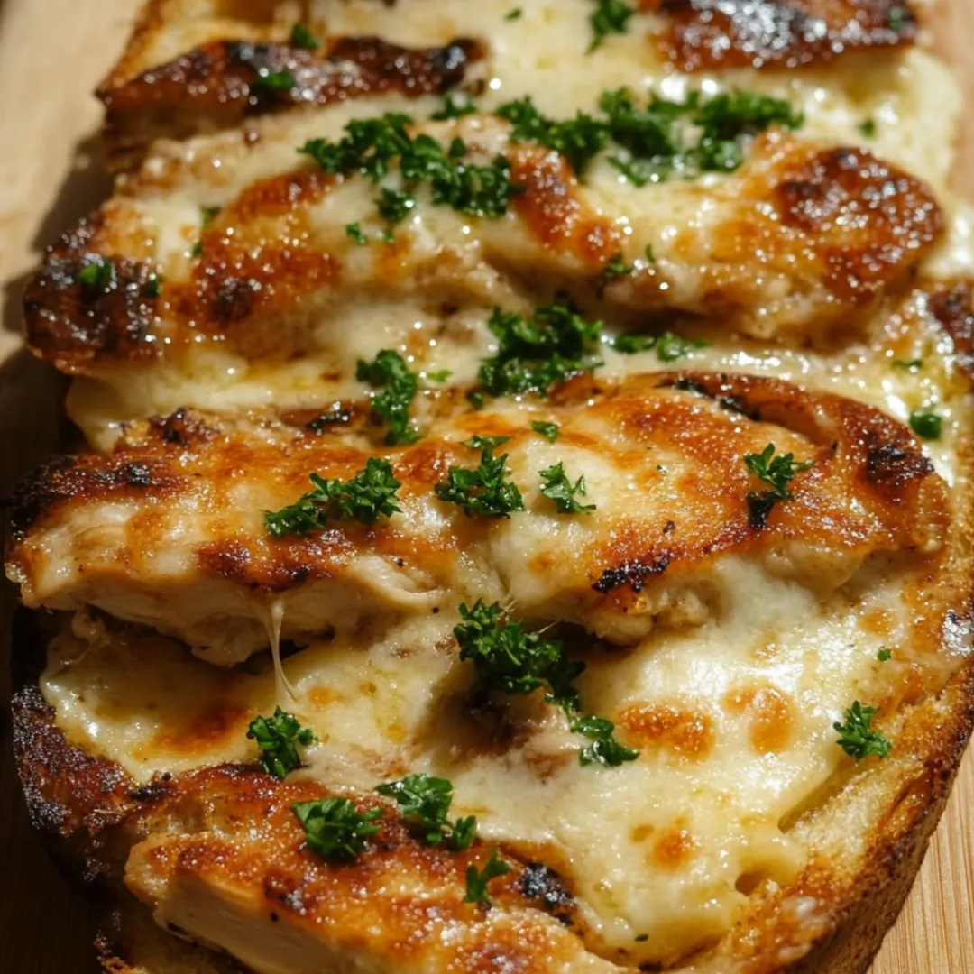 Eine Brotscheibe mit Huhn und Käse darauf.