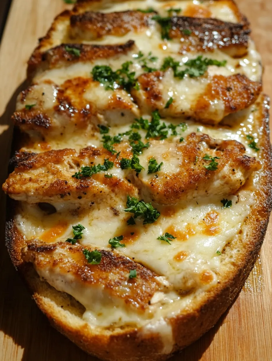 Ein Brotstück mit Hähnchen und Käse drauf.