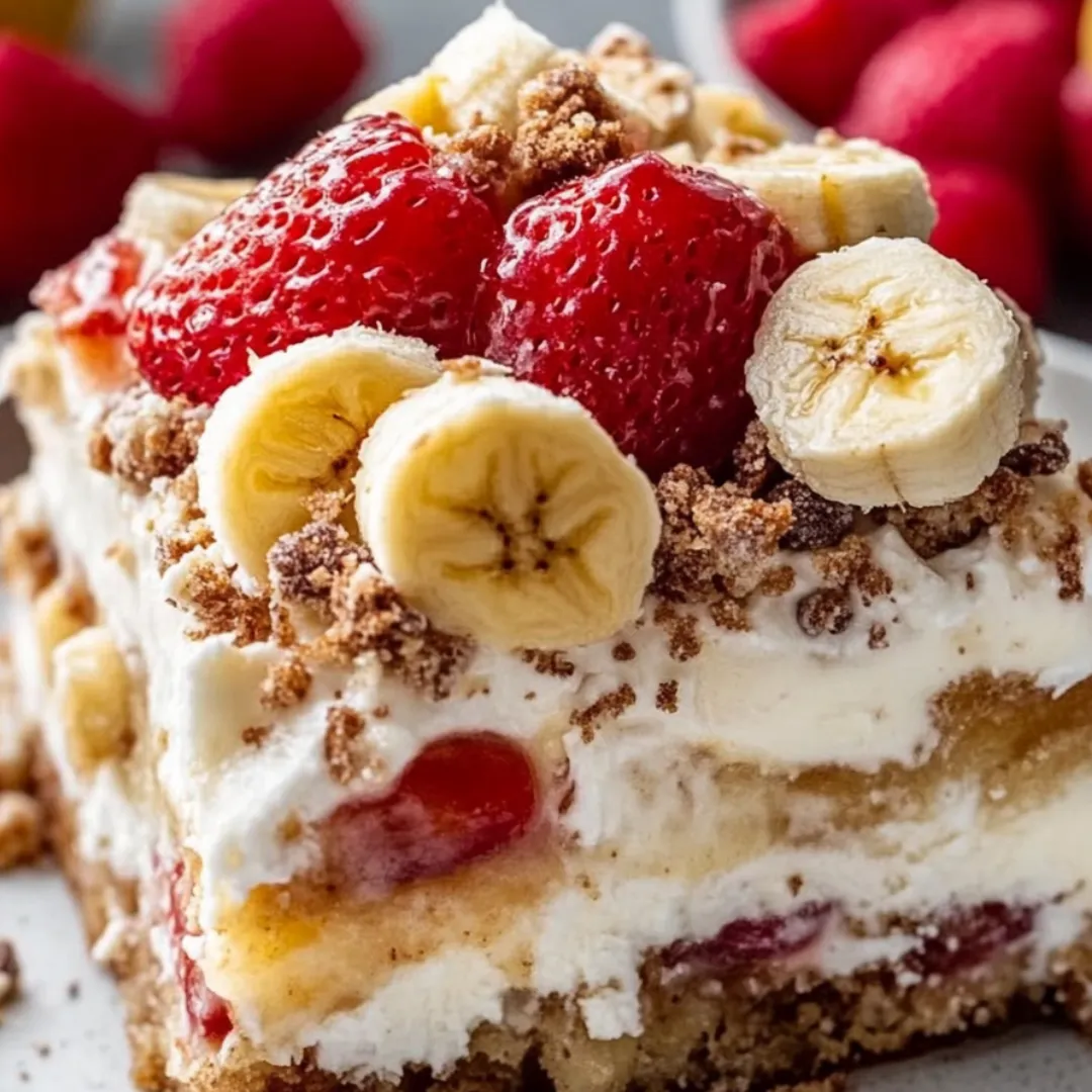Ein Stück Kuchen mit Bananen und Erdbeeren obendrauf.