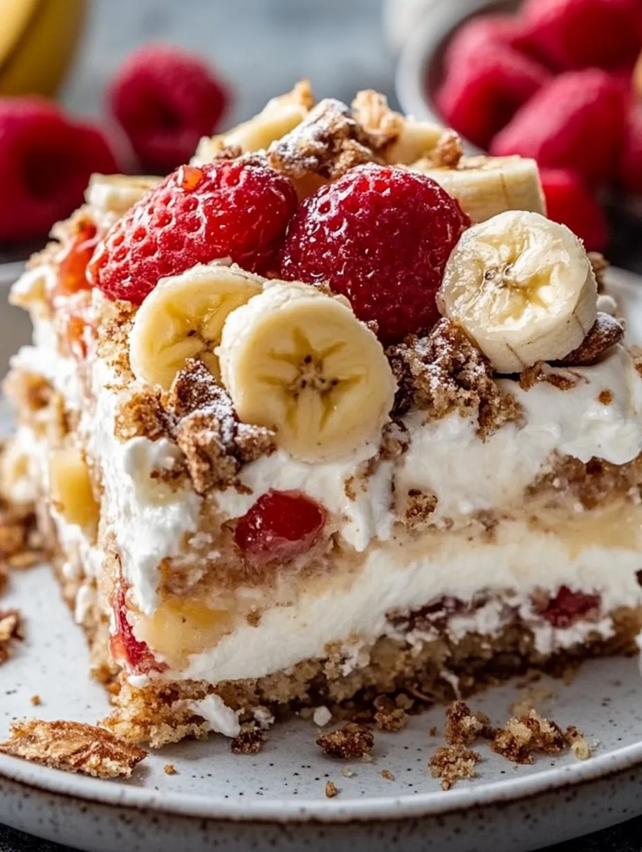 Ein Stück Kuchen mit Bananen und Erdbeeren.
