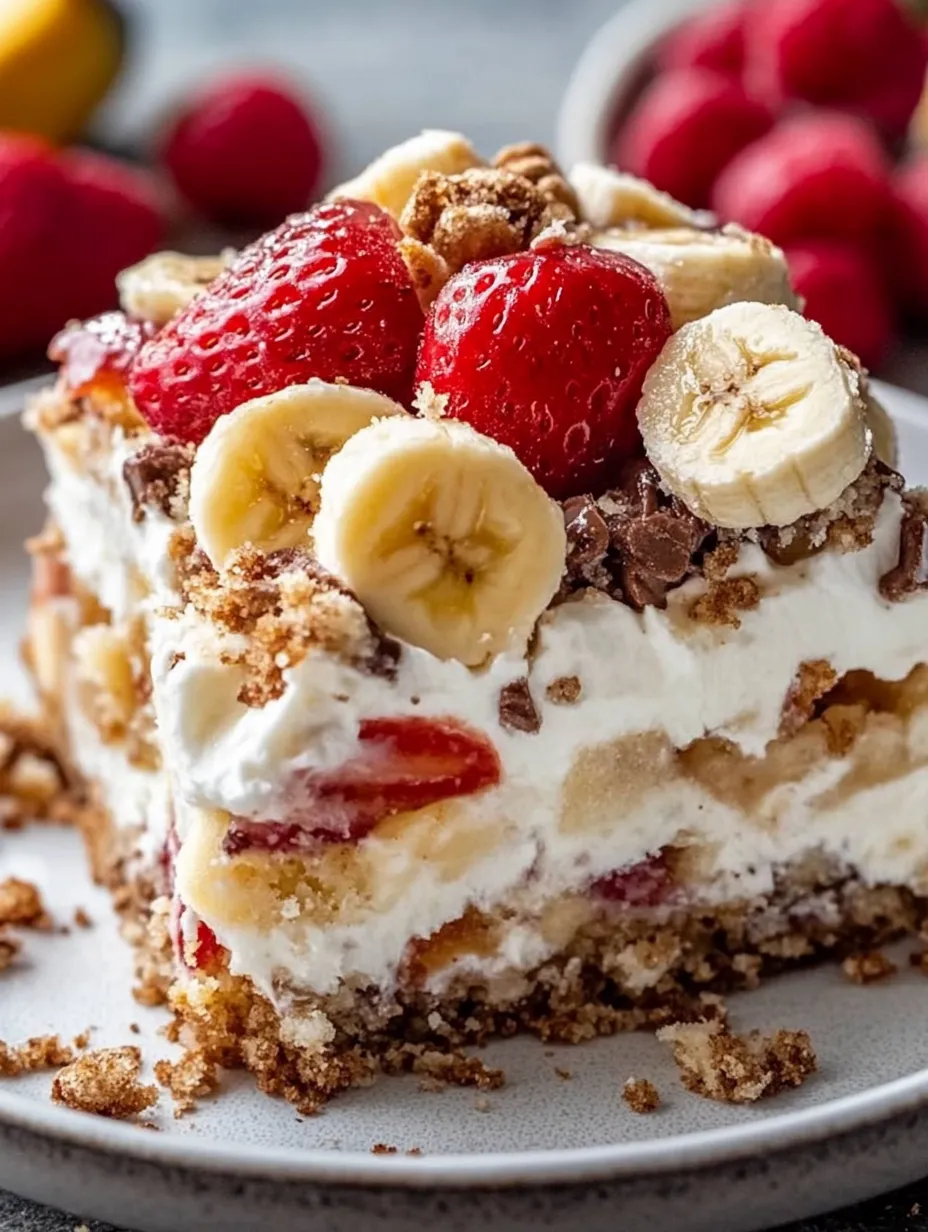 Ein Stück Kuchen mit Bananen und Erdbeeren.