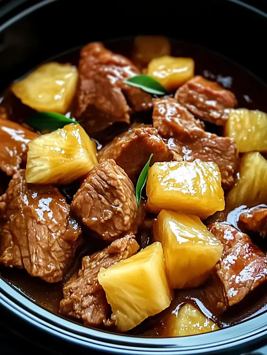 Eine Schüssel Fleisch mit Ananasstücken.