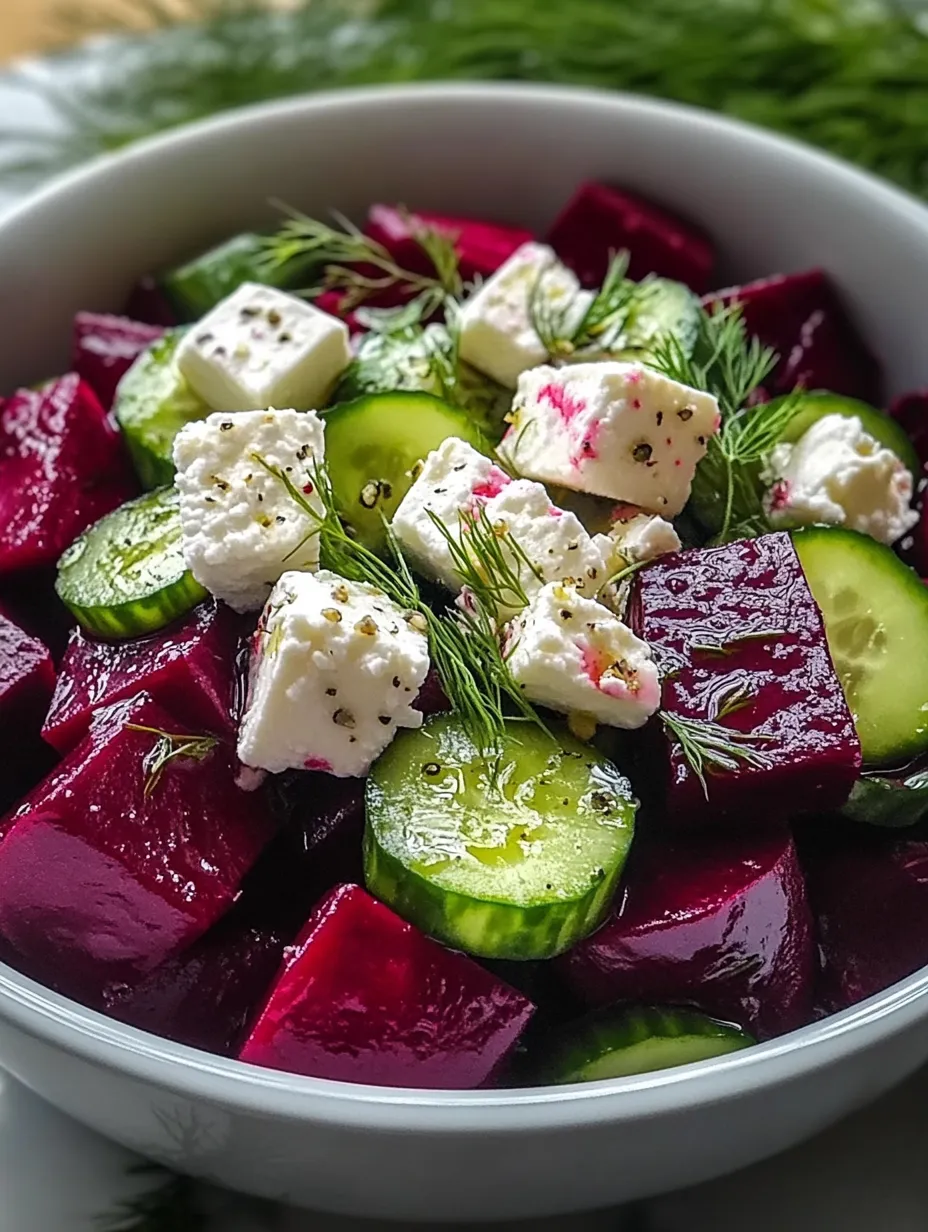 Eine Schüssel mit Käse, Gurken und Roter Beete.