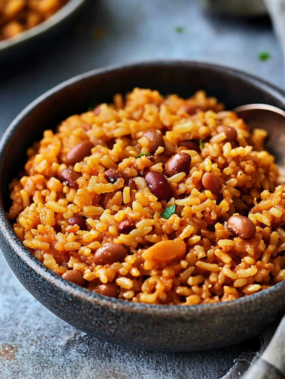 Eine Schüssel Reis mit Bohnen und Paprika.