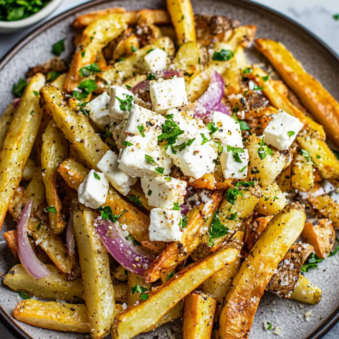 Ein Teller Pommes mit Käse und Zwiebeln.