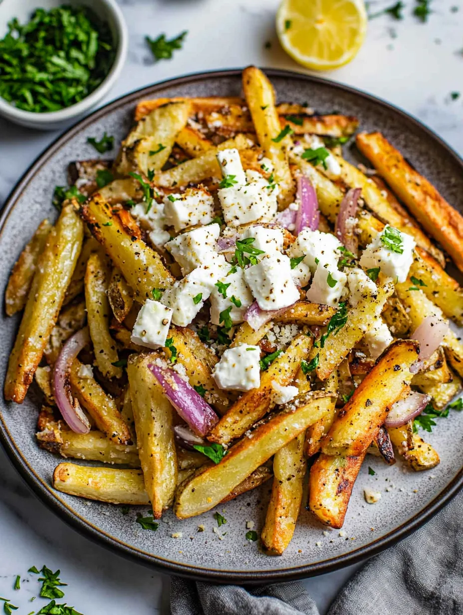 Ein Teller Pommes mit Käse und Zwiebeln.