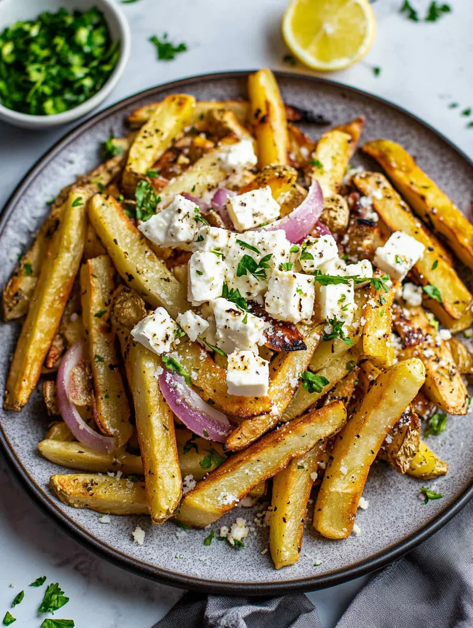 Ein Teller Pommes mit Käse und Zwiebeln.