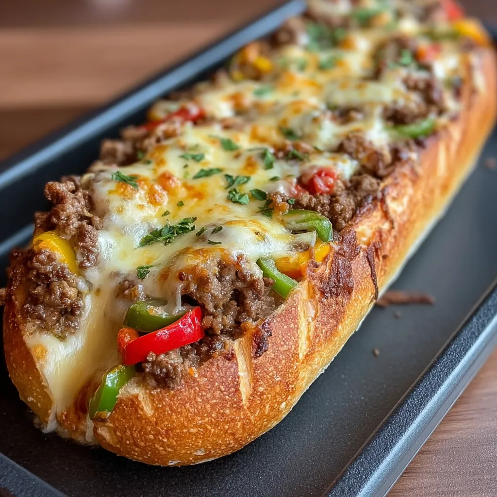 Ein Sandwich mit Fleisch und Käse auf einem schwarzen Tablett.