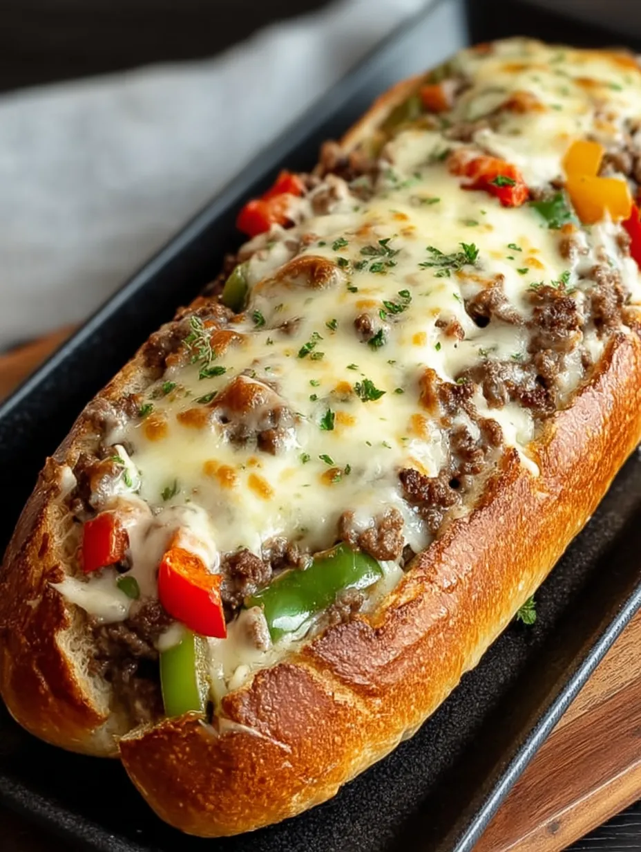 Ein Sandwich mit Fleisch und Käse auf einem schwarzen Teller.