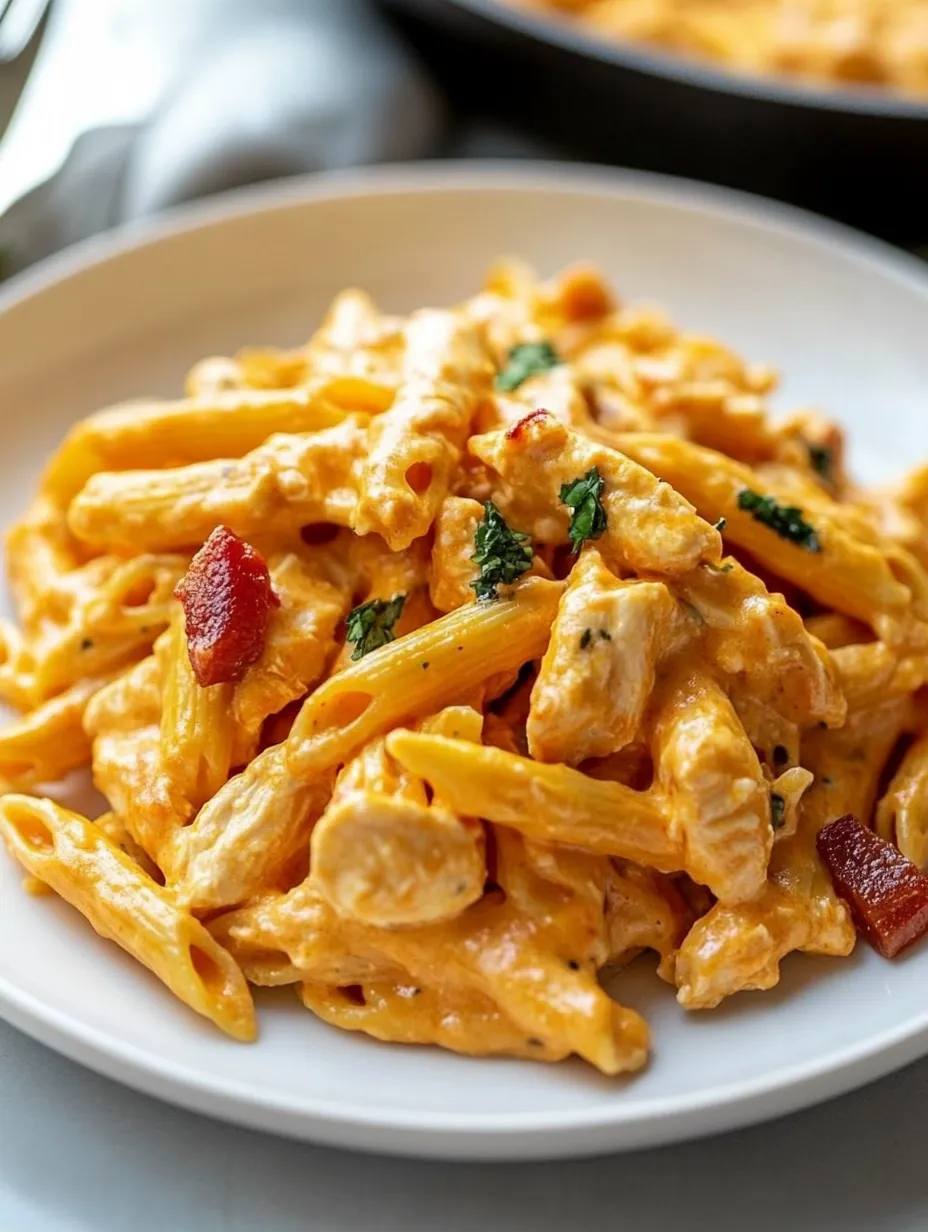 Ein Teller Pasta mit Hähnchen und Käse.