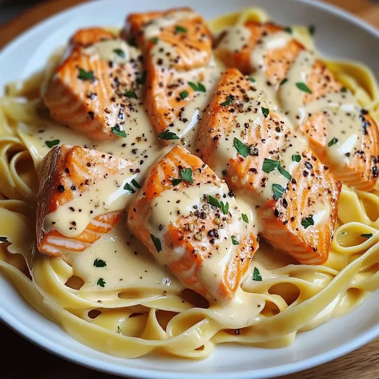 Ein Teller mit Lachs und Pasta.