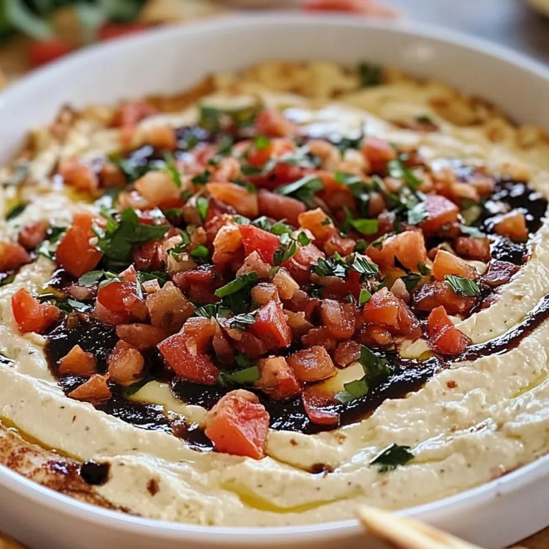 Eine weiße Schale mit Dip und Tomaten.