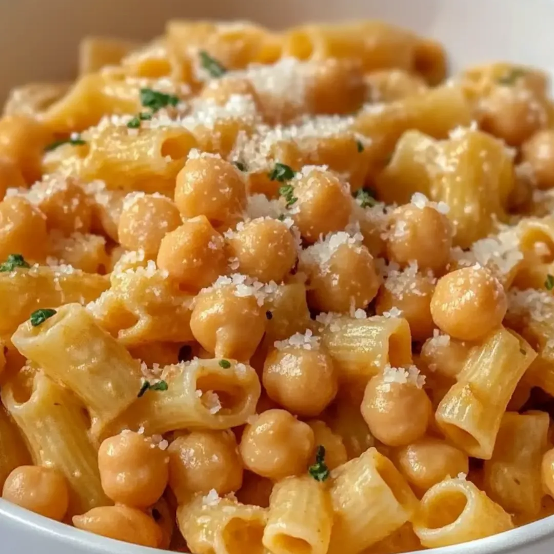 Eine Schale Pasta mit Kichererbsen.