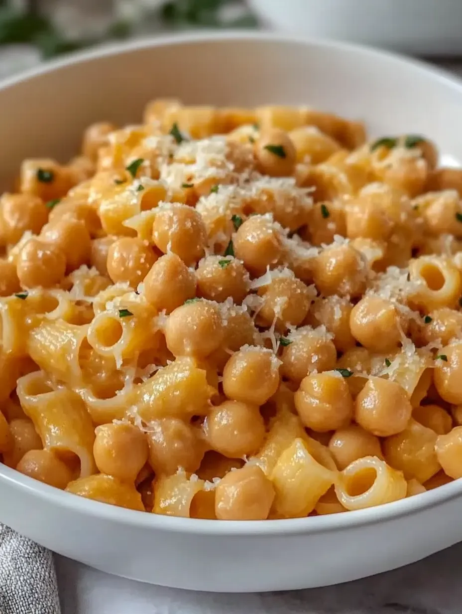 Eine Schüssel Nudeln mit Kichererbsen und Käse.
