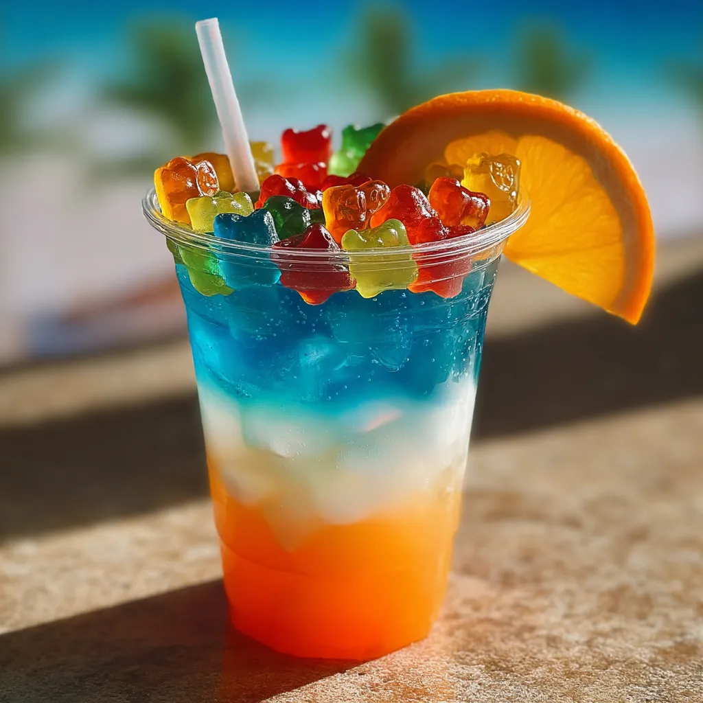 Ein Glas Fruchtsaft mit einer Orangenscheibe darauf.