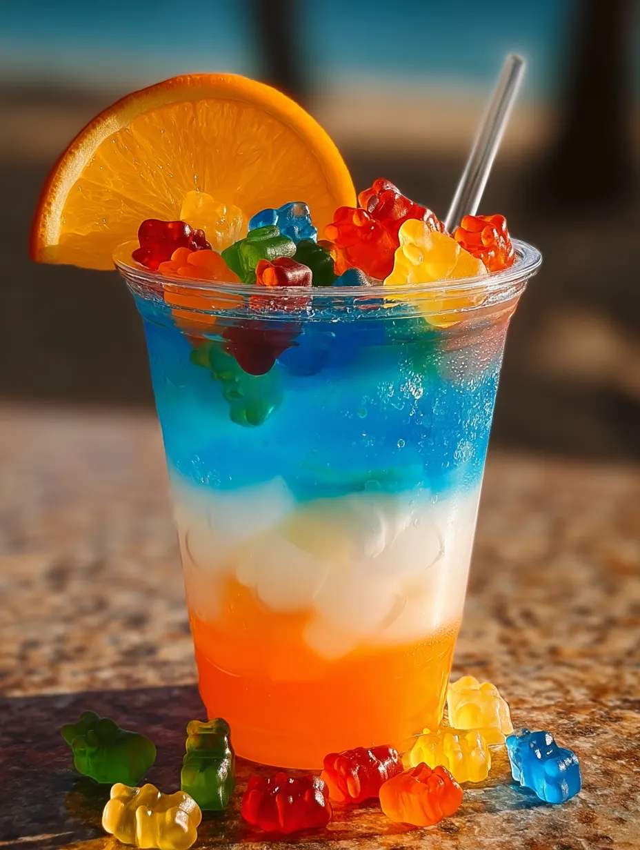 Ein Becher Fruchtsaft mit Gummibärchen darin.