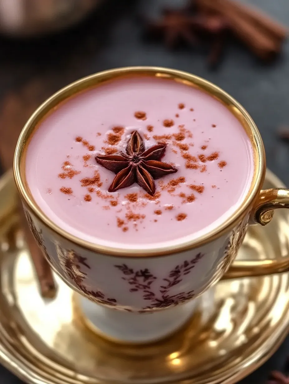 Eine Tasse rosa Flüssigkeit mit einem sternförmigen Streusel obendrauf.