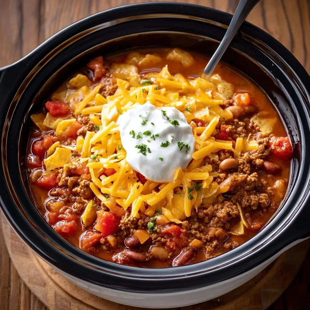 Eine Schüssel Chili mit Käse und Sauerrahm oben drauf.