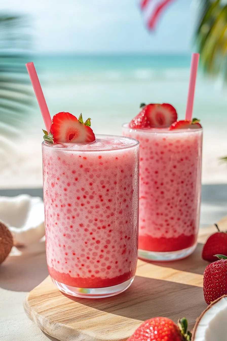 Zwei Gläser mit Erdbeermilch.