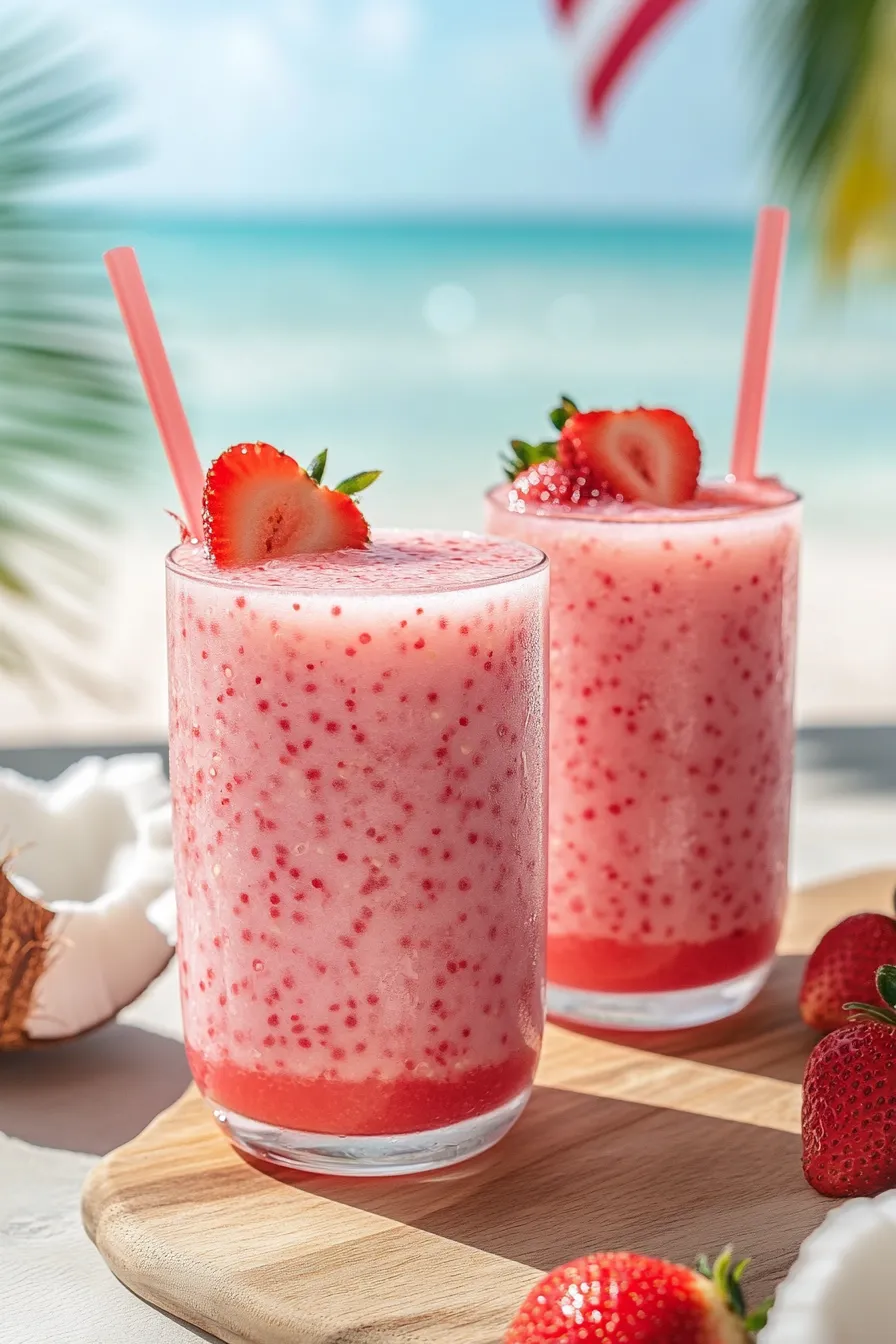 Zwei Gläser pinkes Getränk mit Erdbeeren.