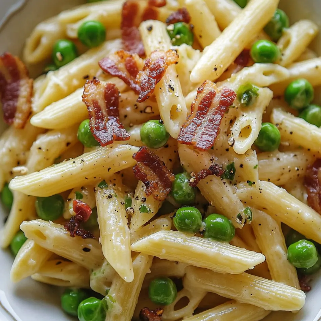 Ein Teller Pasta mit Erbsen und Speck.