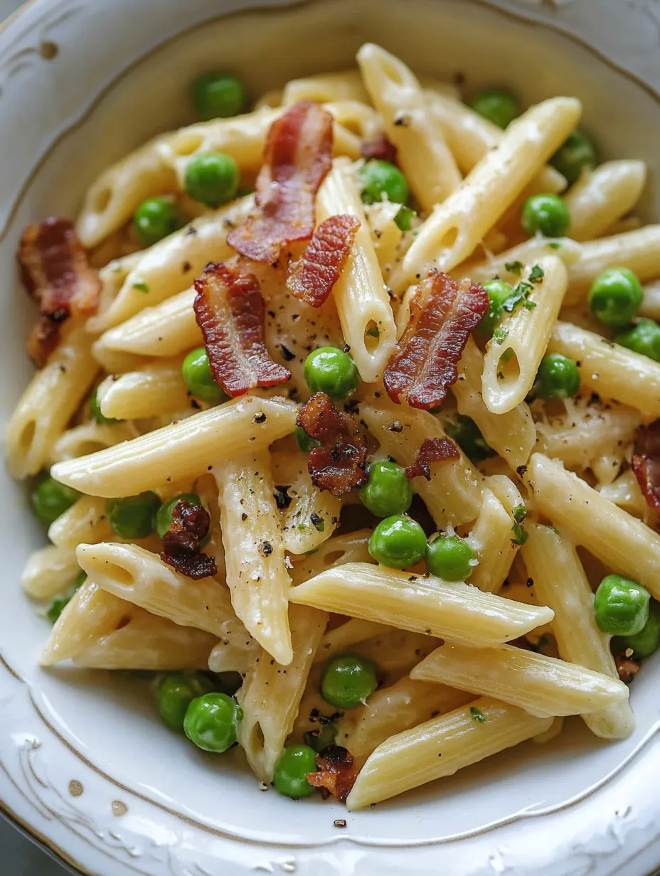 Eine Schüssel Nudeln mit Erbsen und Speck.