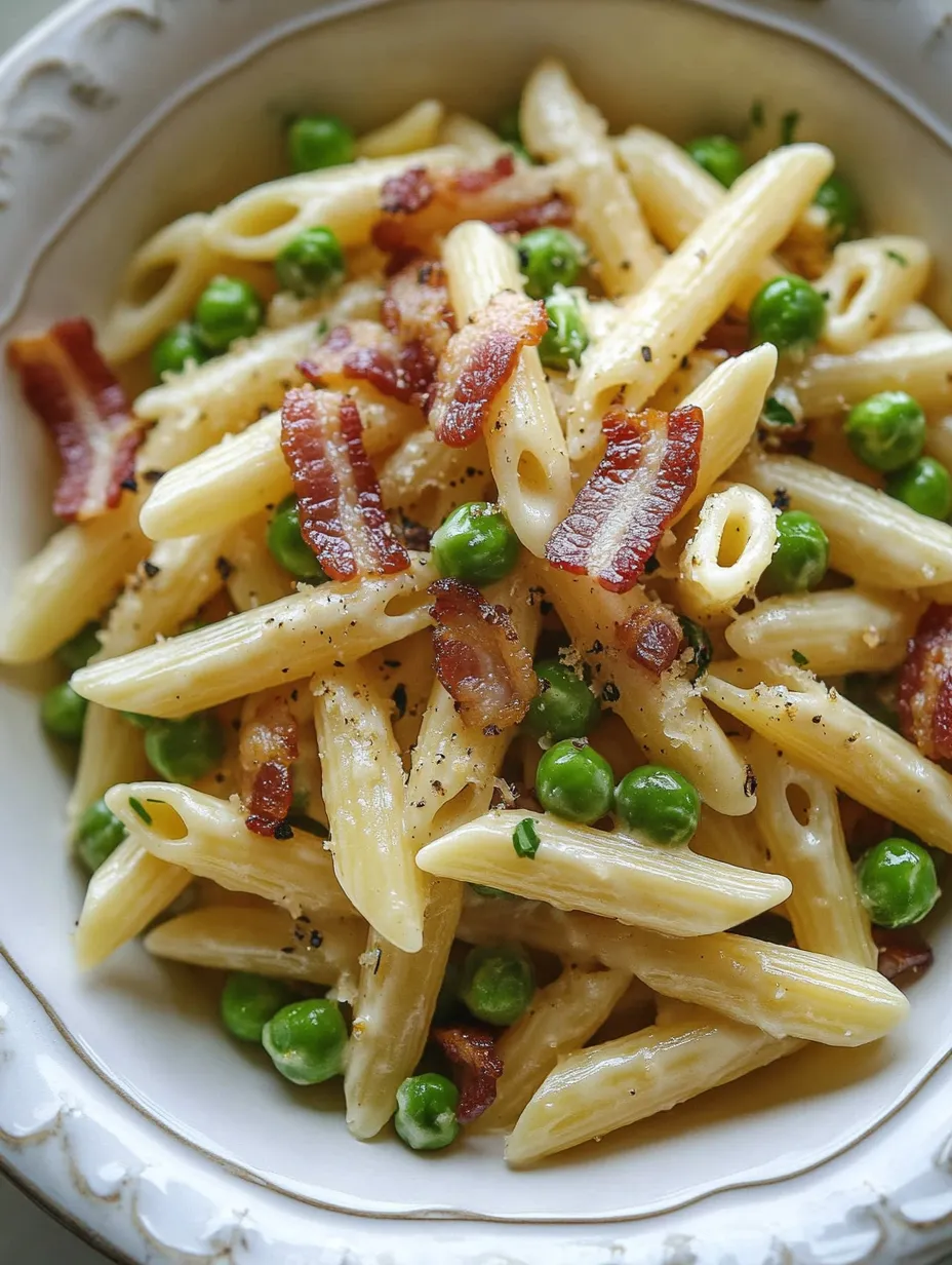 Eine Schüssel Nudeln mit Erbsen und Speck.