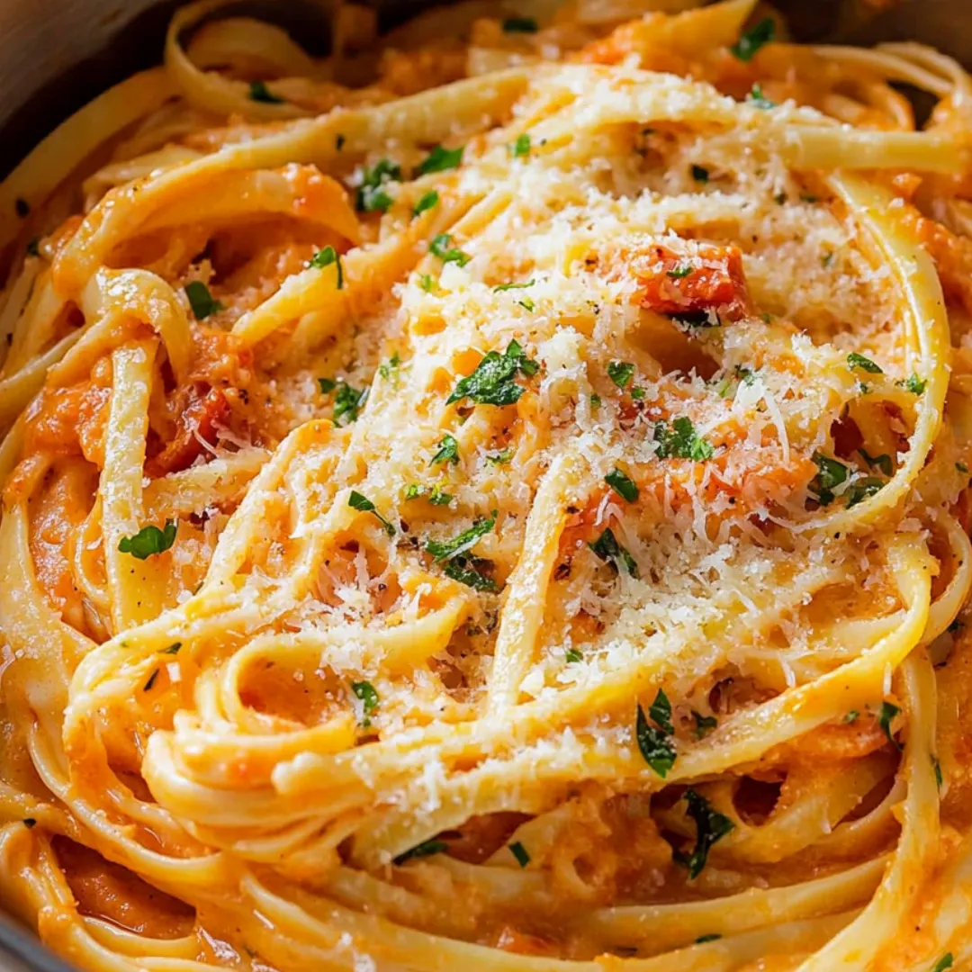 Ein Teller Pasta mit Käse und Tomatensoße.