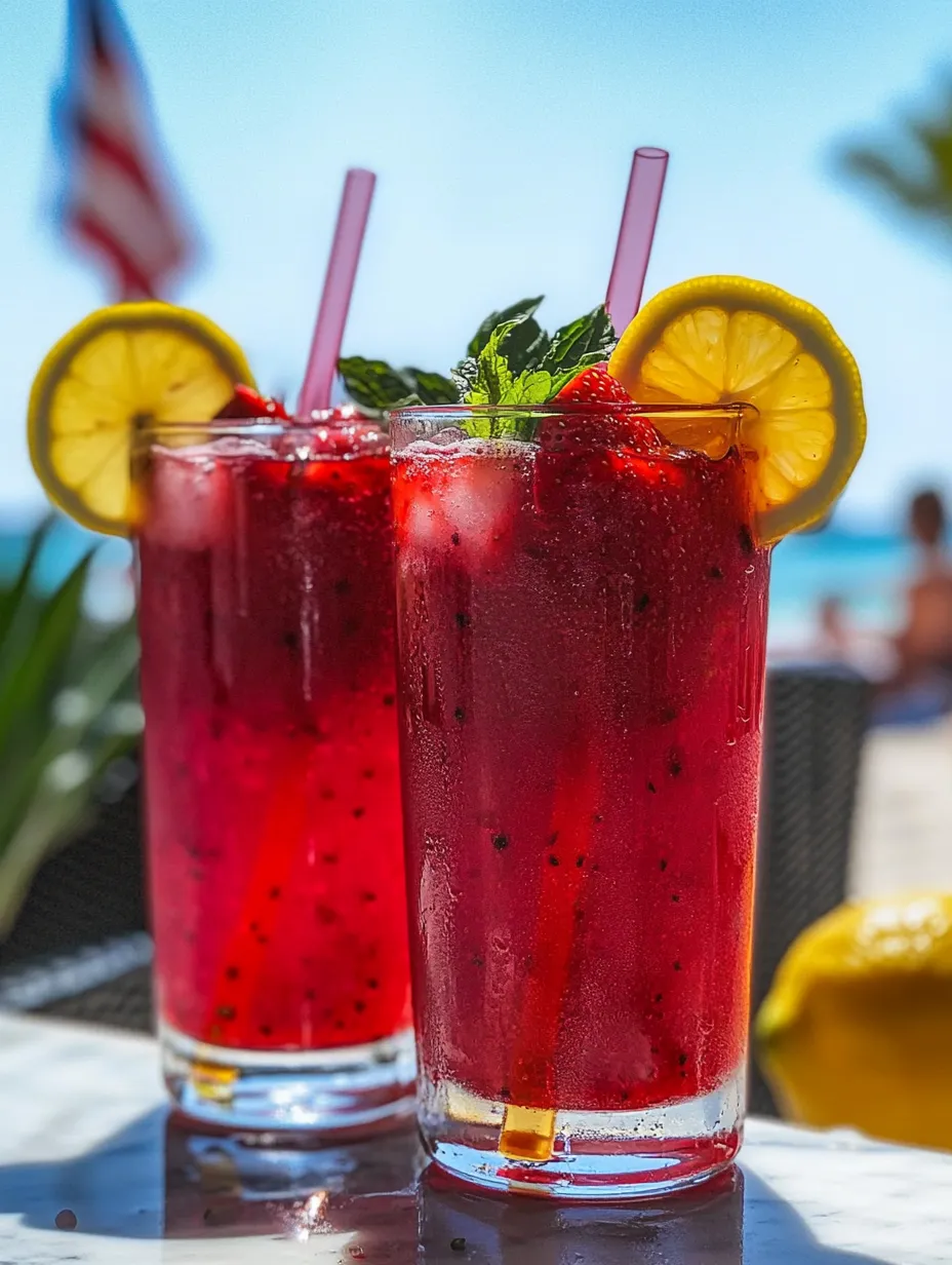 Zwei Gläser roter Fruchtsaft mit Zitronenscheiben.