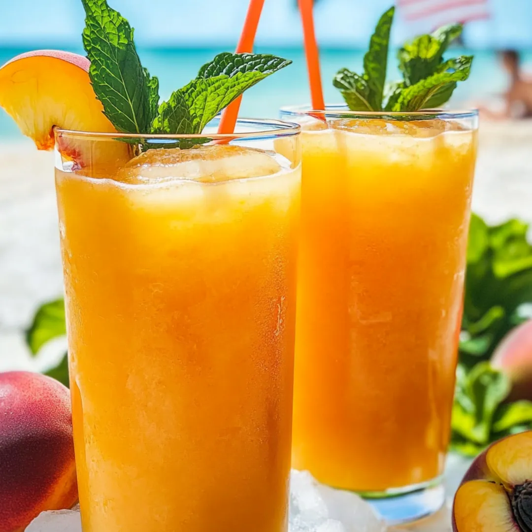 Zwei Gläser mit orangem Fruchtsaft und Minzblättern.