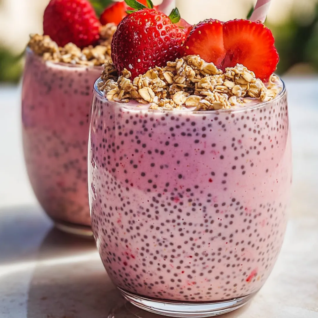 Zwei Gläser Joghurt mit Granola und Erdbeeren.