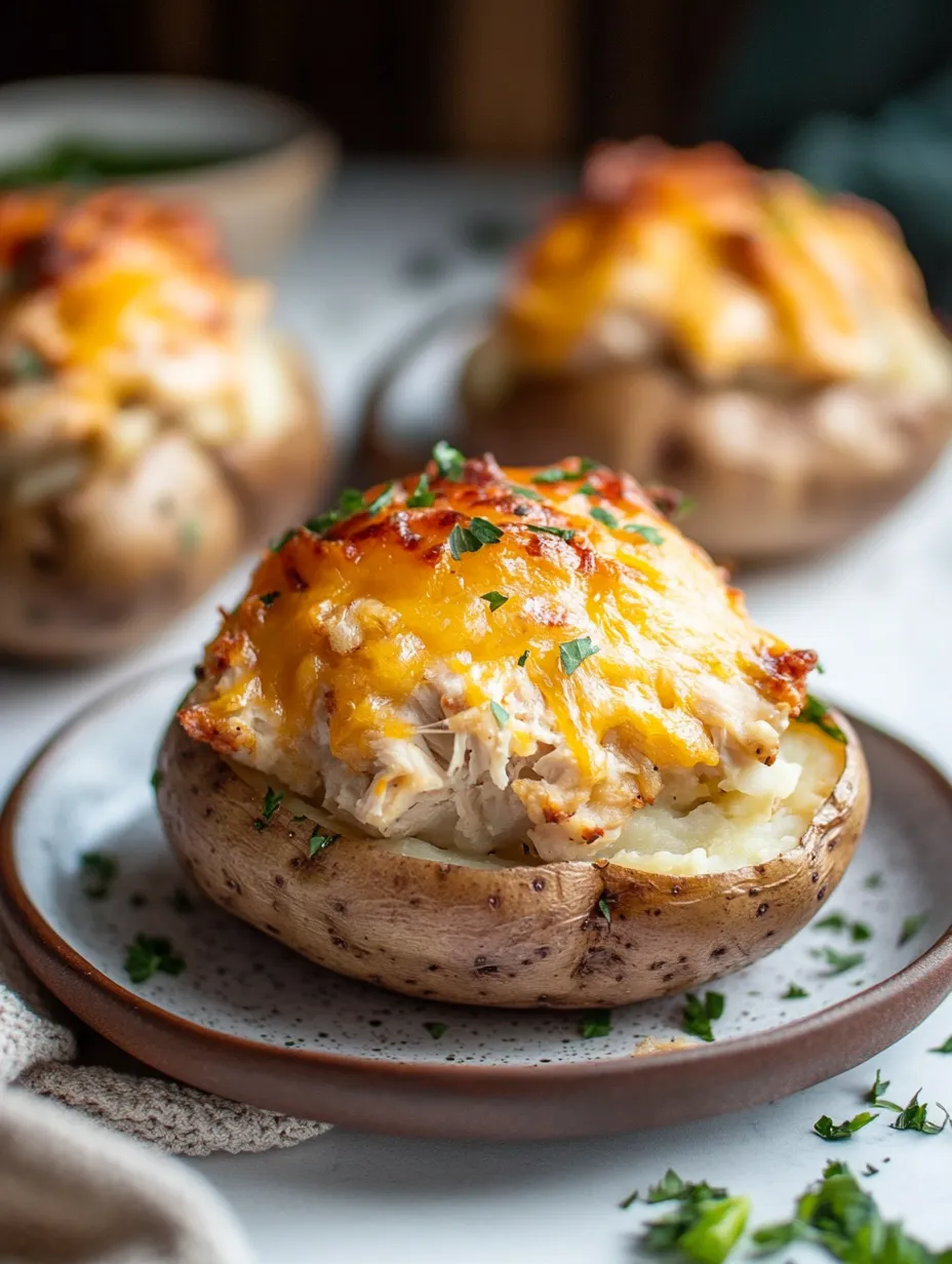 Nahaufnahme einer Ofenkartoffel mit geschmolzenem Käse und Bacon.