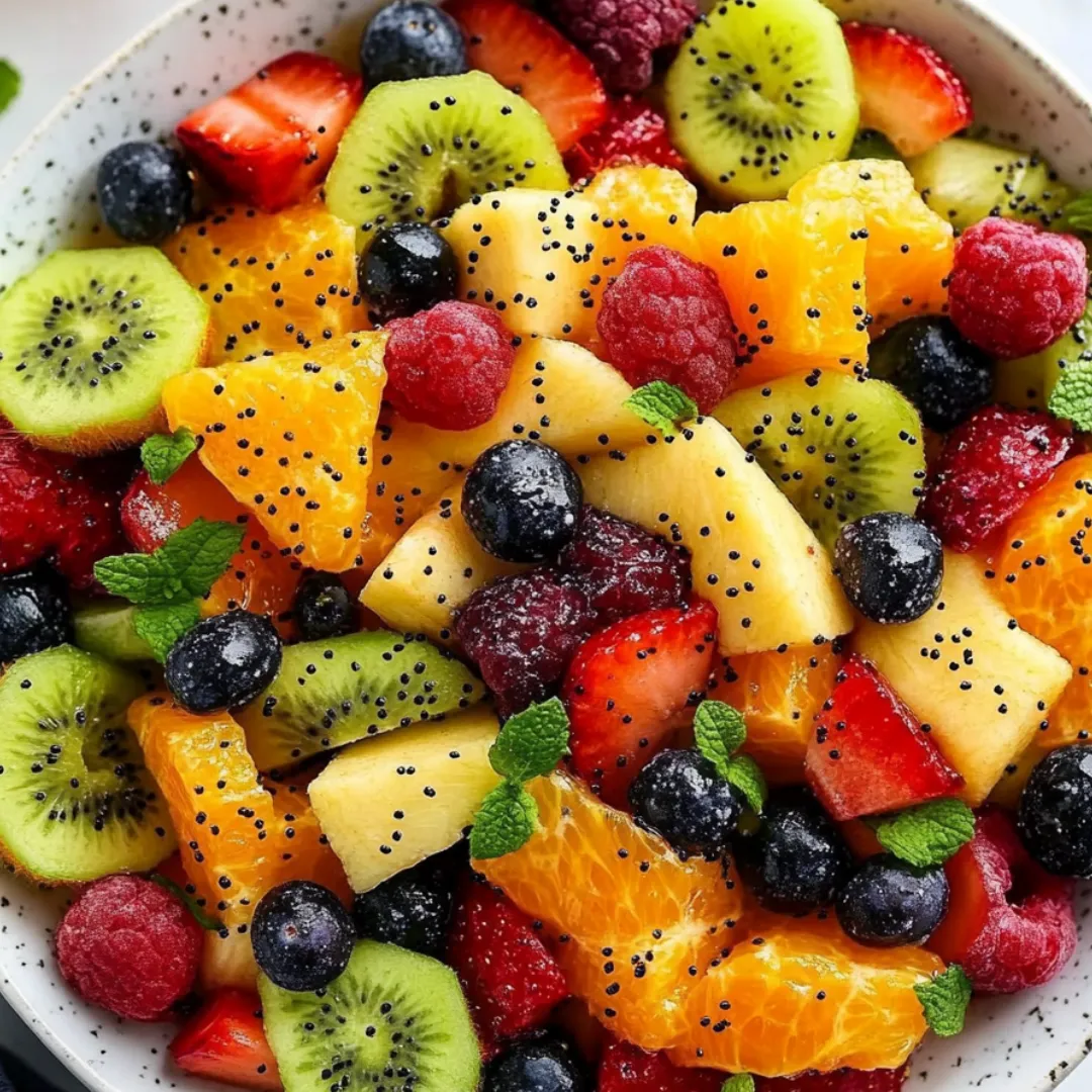 Eine Schale Obst mit Kiwi, Erdbeeren, Heidelbeeren, Himbeeren und Orangen.