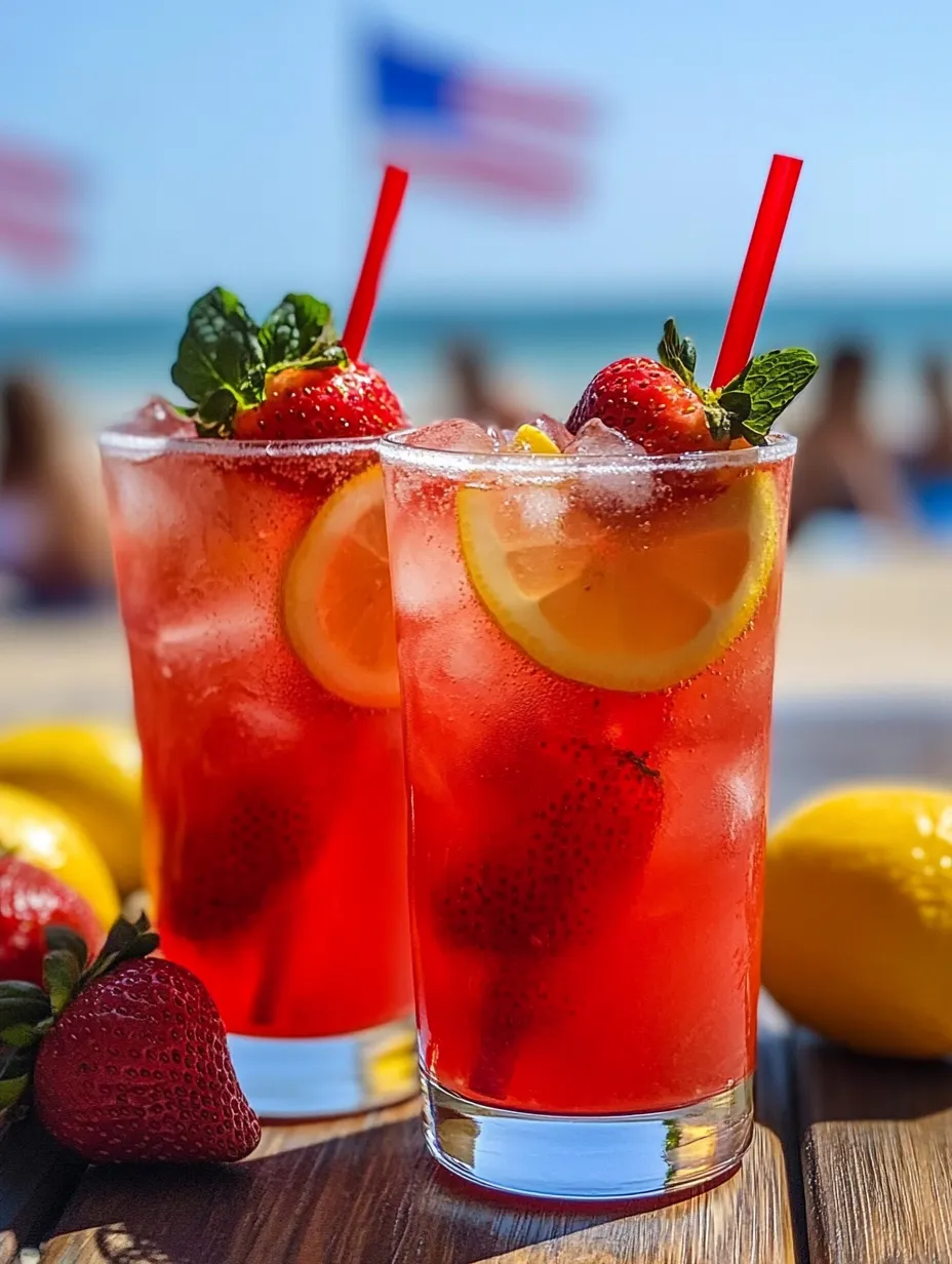 Zwei Gläser mit roter Zitronenlimonade und Erdbeeren.