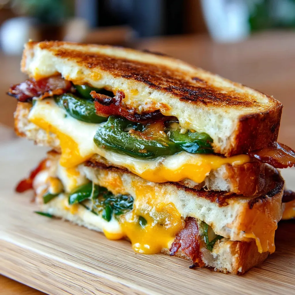 Ein Sandwich mit Speck, Käse und Paprika.