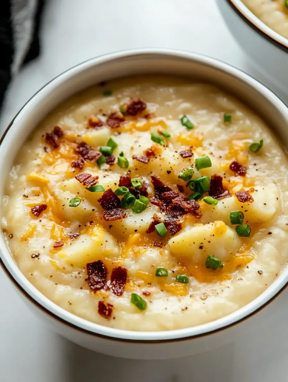 Eine Schüssel Suppe mit Speck und Lauchzwiebeln.