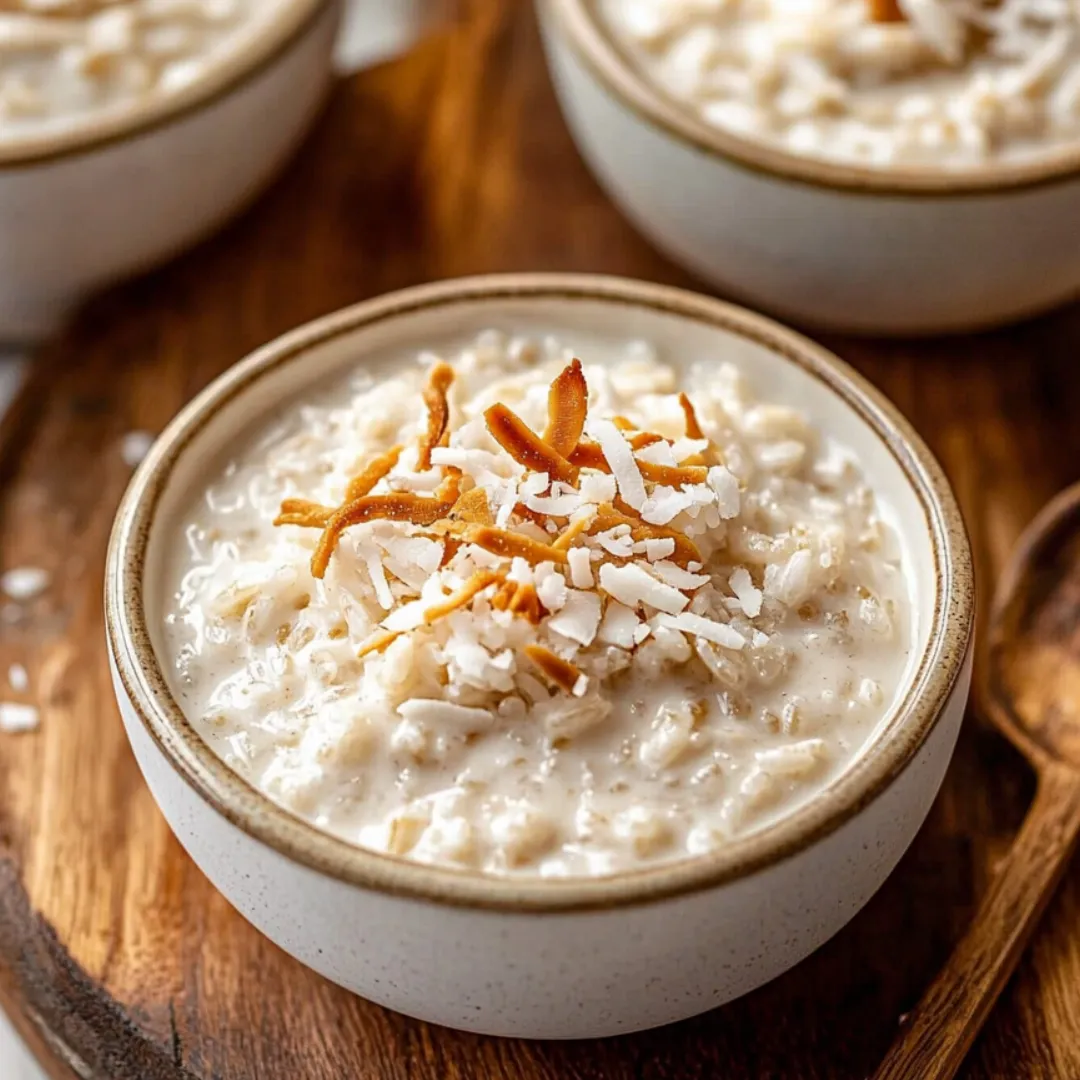 Schüssel Milchreis mit Kokosraspeln obendrauf.