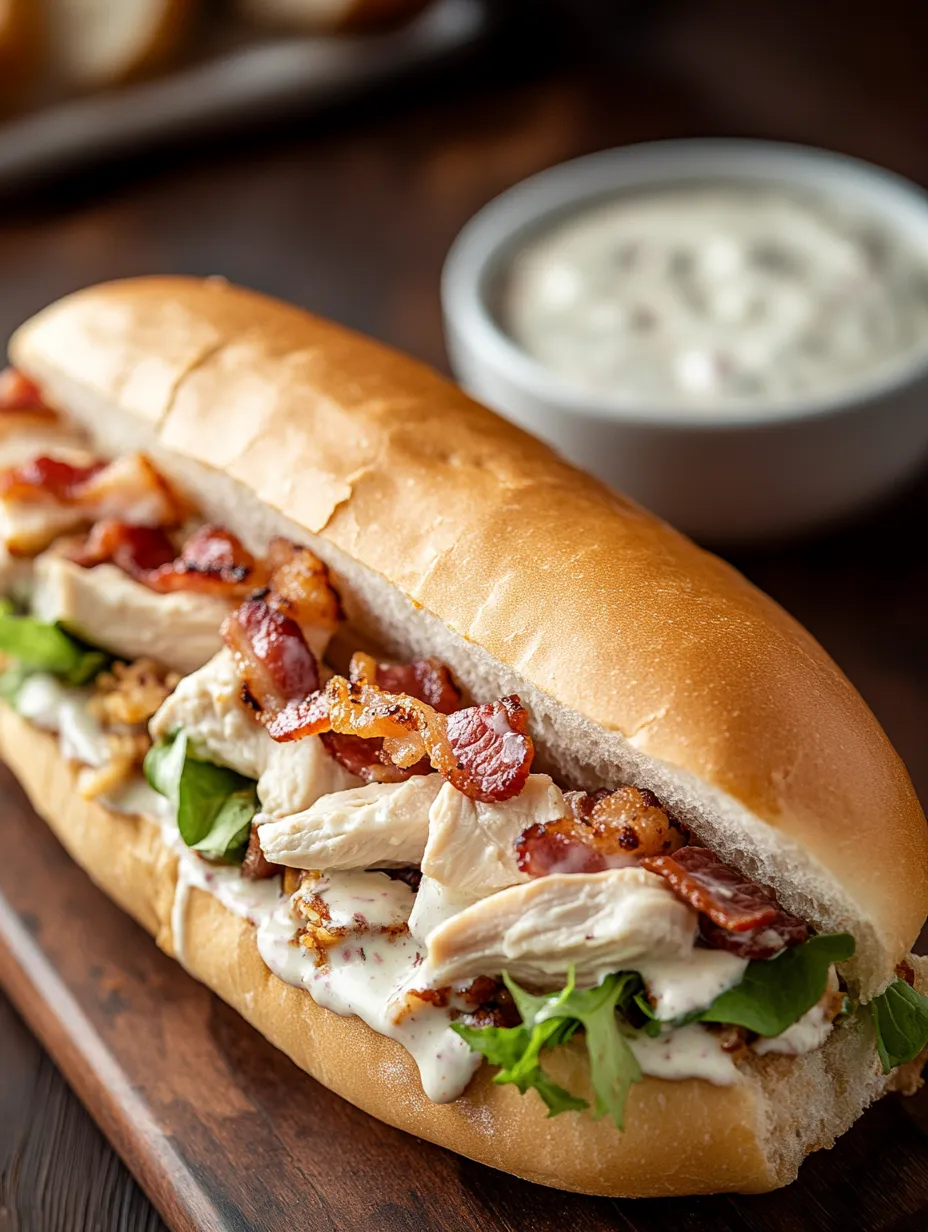 Ein Brötchen gefüllt mit Bacon und Hähnchen.