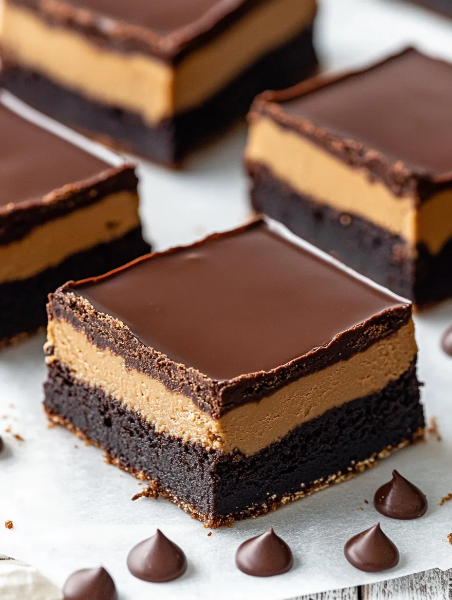 Ein Stück Schokoladenkuchen mit Erdnussbutterschicht.