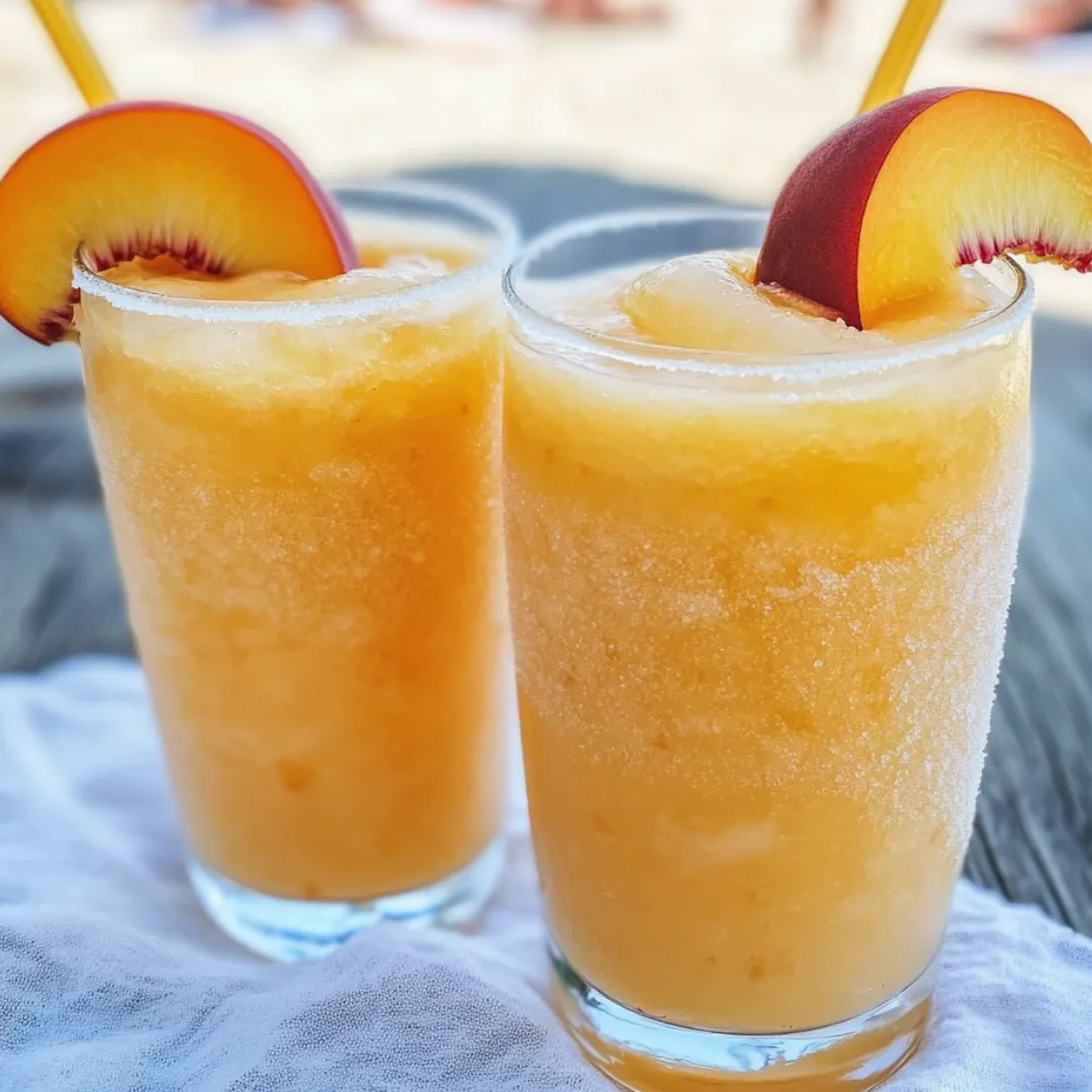 Zwei Gläser mit orangem Saft und Pfirsichscheiben obenauf.