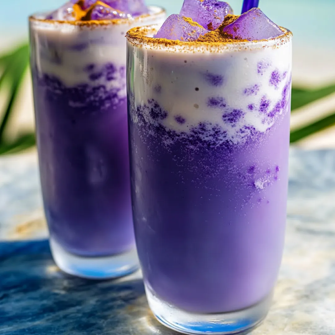 Zwei Gläser mit violetten Getränken und gelbem Topping.