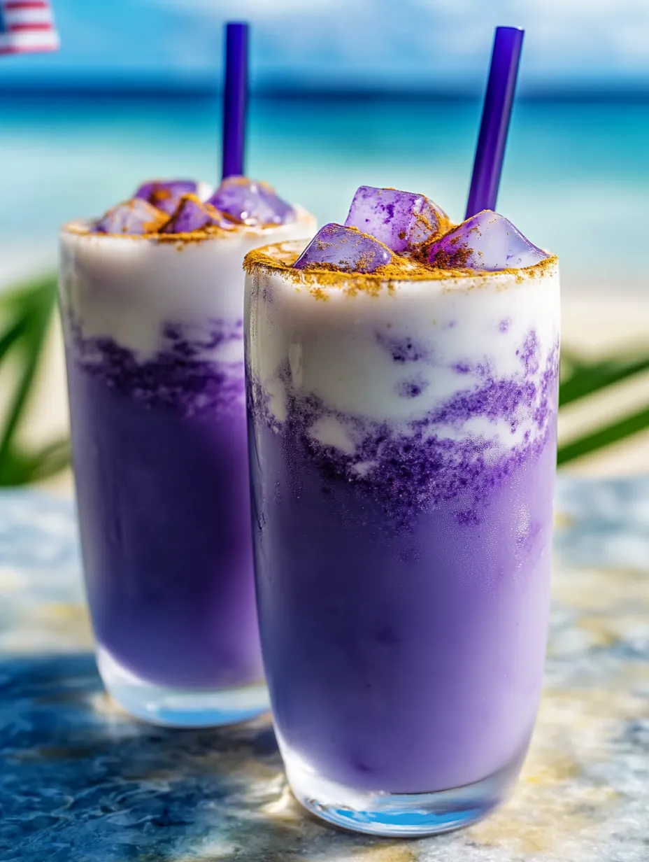 Zwei Gläser mit lila Milchgetränk.