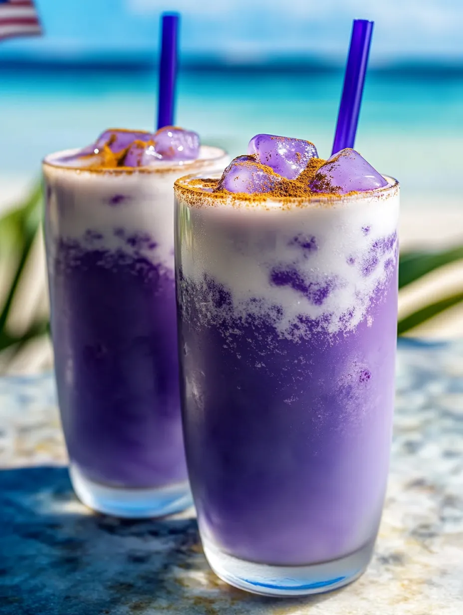 Zwei Gläser mit lila Milchgetränk.