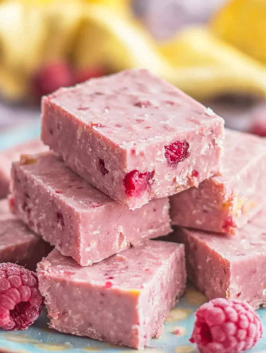 Ein Stapel pinkfarbener Konfektstücke mit Himbeeren oben drauf.