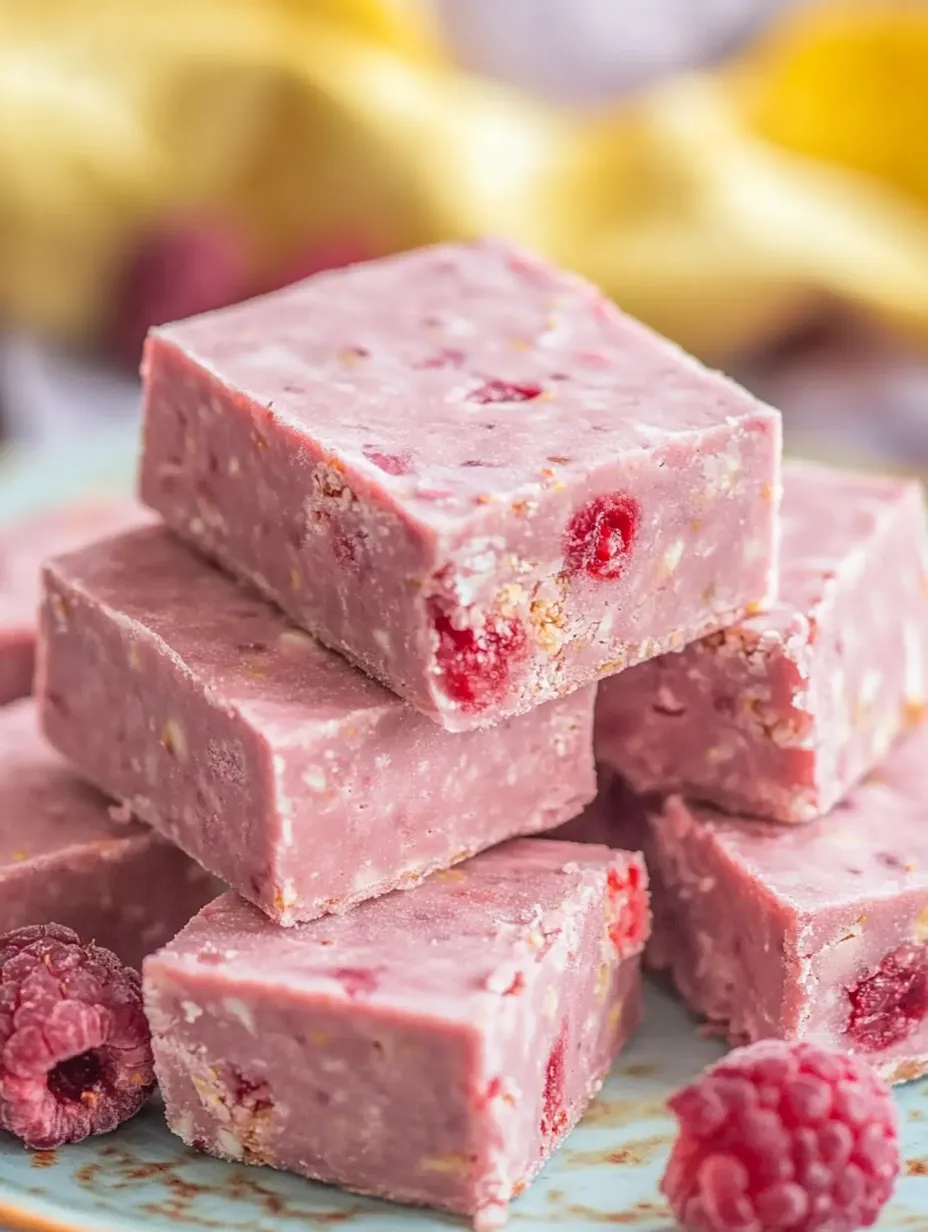 Ein Stapel pinkfarbener Konfektstücke mit Himbeeren oben drauf.