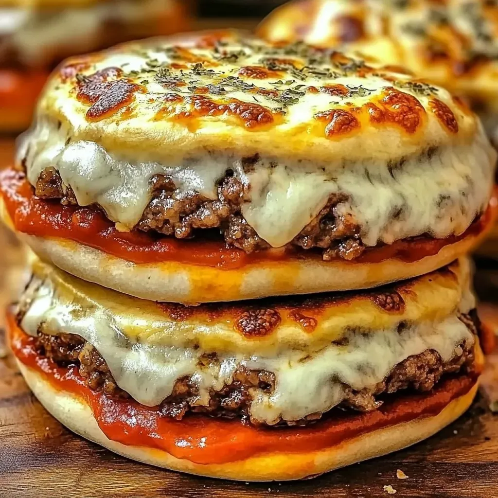 Drei gestapelte Pizza-Sandwiches.