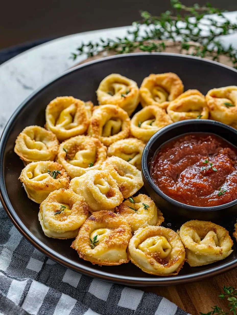 Ein Teller mit knusprigen Tortellini und einer Schale Sauce.
