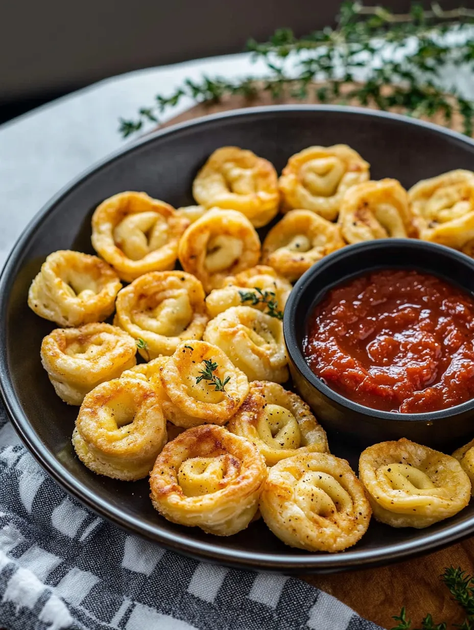 Ein Teller mit knusprigen Tortellini und einer Schale Sauce.