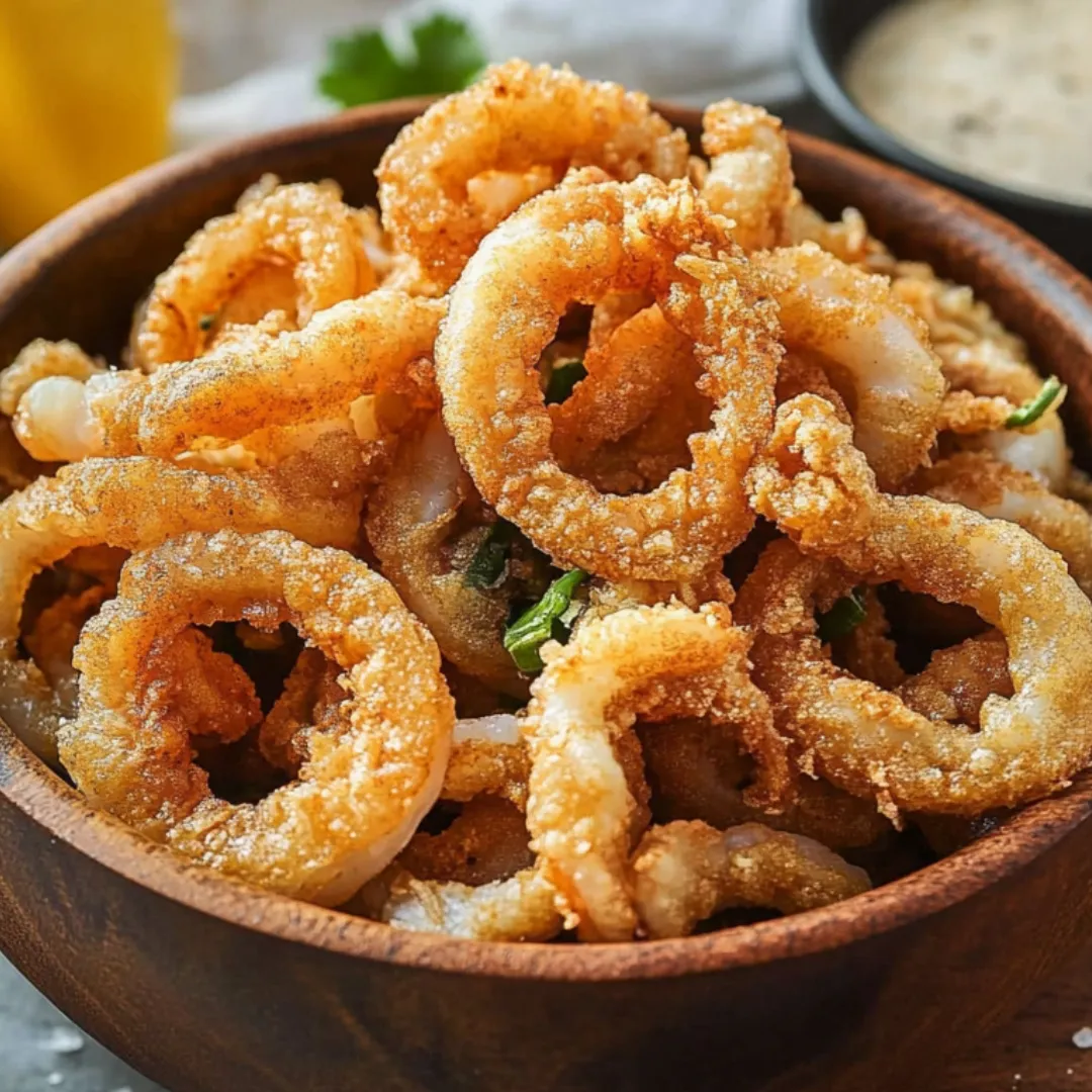Eine Schale mit frittierten Zwiebelringen.