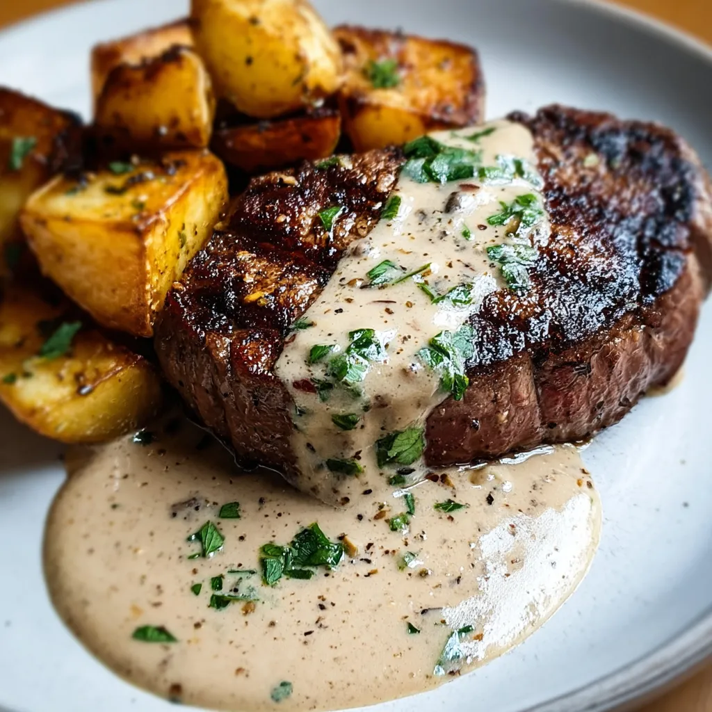 Ein Teller mit Fleisch, Bratensauce und Kartoffeln.